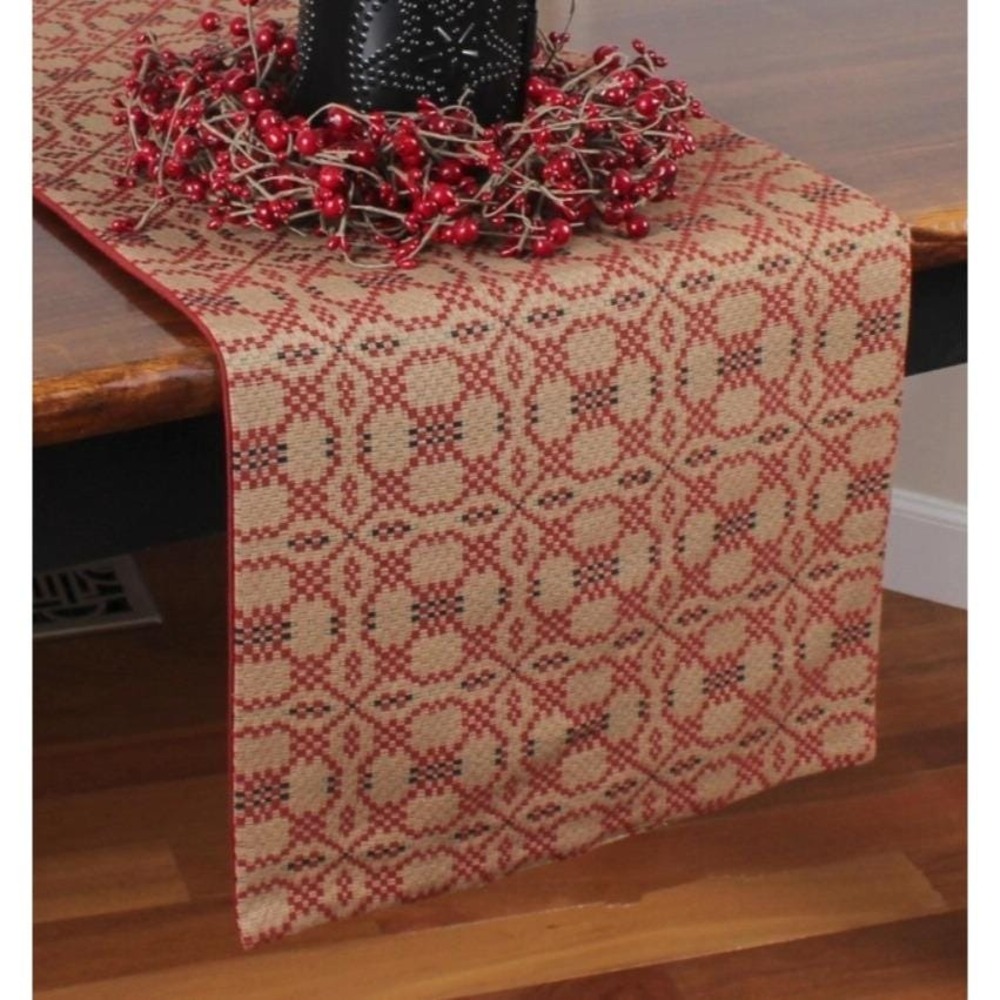 Primitive Colonial Farmhouse Kendall Jacquard Coverlet Red Table Runner 14" x 36